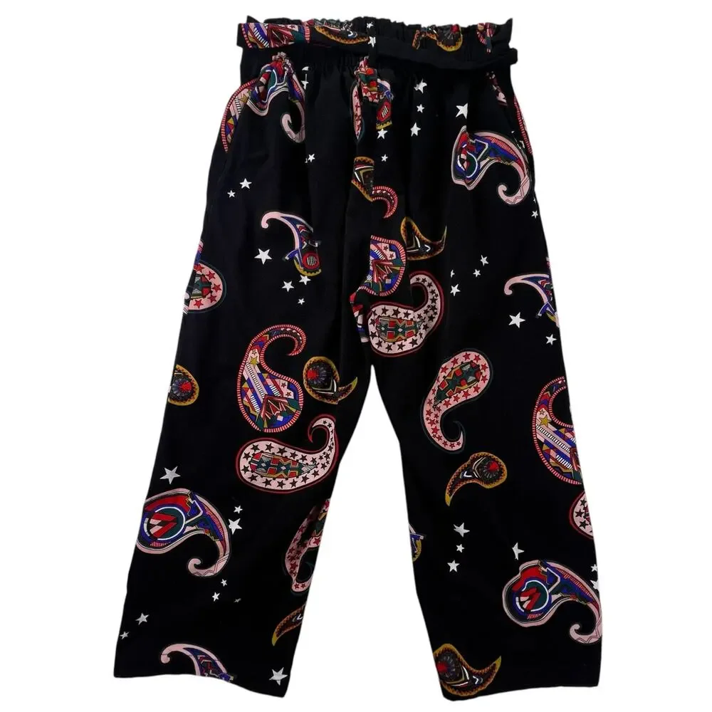 Paisley Star Print Matching Set Womens M Black Pajama Style Indie Cropped Pants